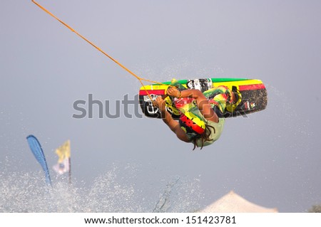 POPOVKA, UKRAINE - AUGUST 14. Unknown rider on competition of wakeboarding \