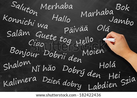 Hello in various languages on a black board