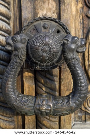 Ornate bronze door hardware of an eastern orthodox church Aleksandar Nevski in Sofia, Bulgaria