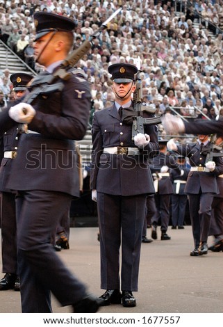 British Royal Air Force Queen\'s Colour Squadron Drill Team on parade at Edinburgh Military Tattoo
