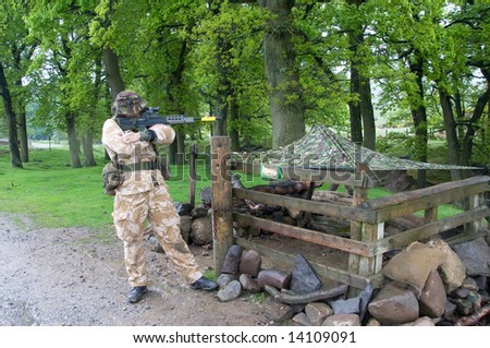 British Army Soldier guards a position  on training exercise