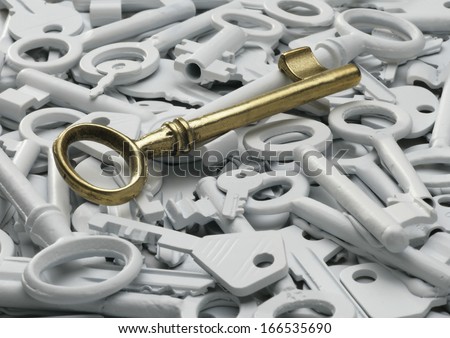 Golden vintage key over a many white keys