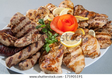 Food Plate Of Different Meat. Barbecue Grill