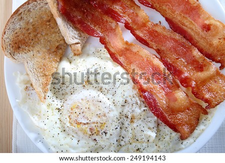 A plate of home cooked bacon and eggs with toast.