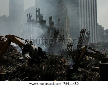 Smoldering, Ruins of NY WTC at Ground Zero on 9-18-2001