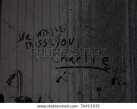 Message written in debris dust by unknown person - lobby of hotel across the street from Ground Zero WTC 9-18-2001