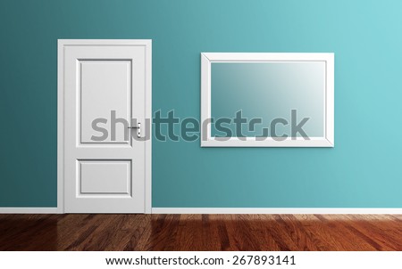 Interior room with white door, picture frame and wood floor 3d render. clipping path for frame included