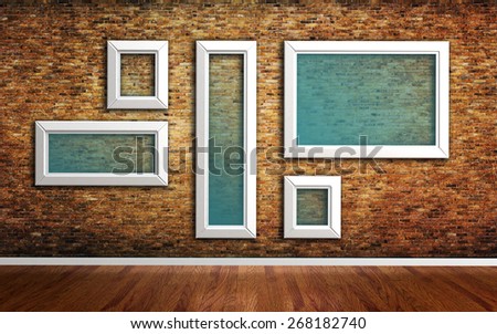 picture frames on brick wall and wood floor 3d render. frames clipping path included