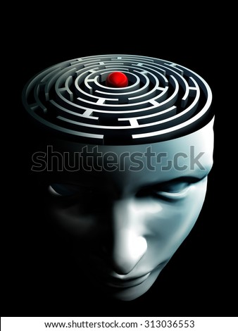 maze in human brain and red center conceptual labyrinth