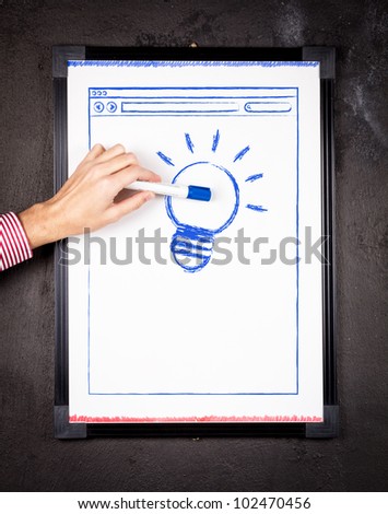 Light bulb & browser sketch on a whiteboard. Online Ideas.