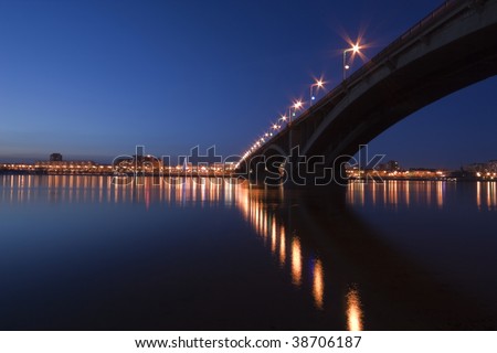 Bridge through the river Yenisei in  city of Krasnoyarsk at night