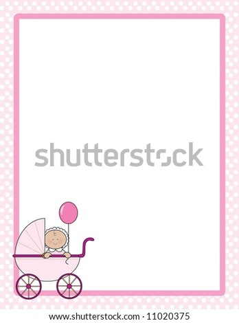 stock vector : Polka dot border with baby girl in a carriage in one corner