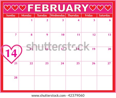 2013 Calendar Showing Holidays on February Calendar Showing The 14th Prominently Stock Vector 42379060