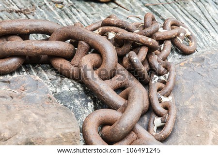Pile of rusted old chains at a boatyard.
