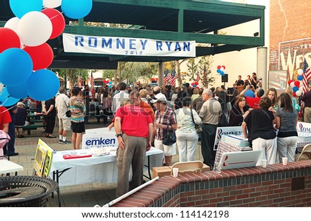 REDLANDS, CA - SEPTEMBER 28: Republican Party supporters at a Romney/Ryan Rally September 28, 2012 in Redlands, CA. This rally was to mobilize volunteers for the upcoming Presidential election.