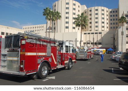 LOMA LINDA, CA - OCTOBER 18: Hospital staff and HAZMAT personnel evacuate patients from Loma Linda University Medical Center's ER after noxious fumes entered the ventilation system October 18, 2012.