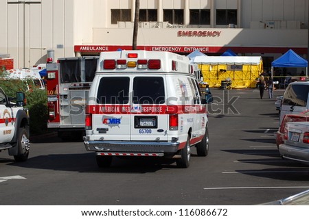 LOMA LINDA, CA - OCTOBER 18: Hospital staff and HAZMAT personnel evacuate patients from Loma Linda University Medical Center\'s ER after noxious fumes entered the ventilation system October 18, 2012.