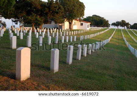 Grave markers in a military cemetery; Fort Rosecrans National Cemetery; San Diego, California.