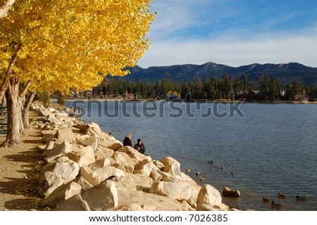 Fall colors by a mountain lake; Big Bear Lake, California