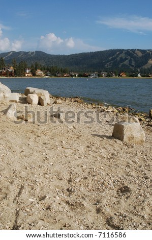 Beach on mountain lake shore; Big Bear Lake, California
