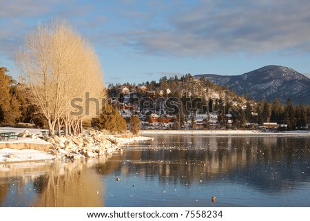 Winter lake landscape; Big Bear Lake, California