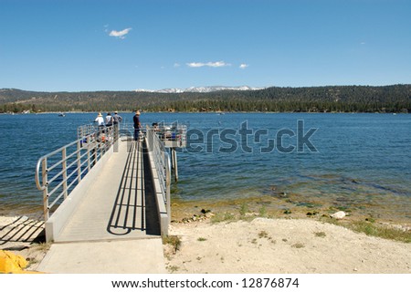 Mountain lake fishing pier; Big Bear Lake, California