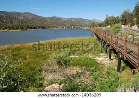 Bridge over lake; Big Bear Lake, California