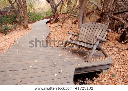 Wooden bench on wood footpath through forest; Los Rios Rancho; Oak Glen, California