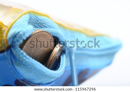 Euro cent coins of two and one in a small blue purse on light background