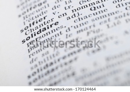 Close up of french dictionary at the word Solidary