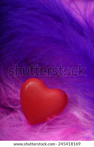 Red heart for love and valentine\'s day celebration on colored feathers background