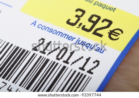 Euro price, bar code, expiration date on a food label product
