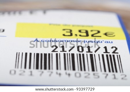 Euro price, bar code, expiration date on a food label product