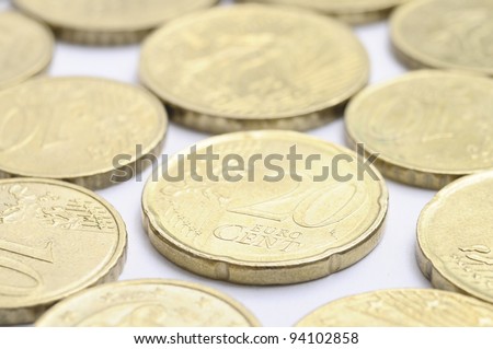 Euros cent coins with focus on twenty cent