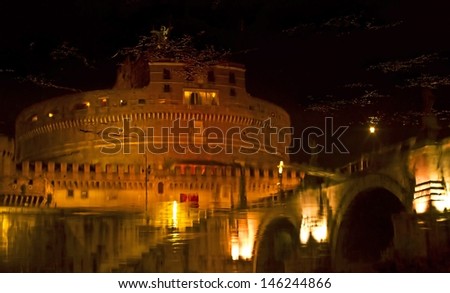 Night water reflection of Castel Sant'Angelo, Rome, Lazio, Italy