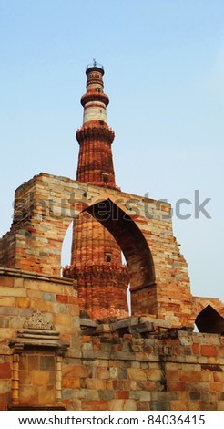 NEW DELHI - JULY 2: Qutb Minar facade on July 2, 2011 in New Delhi. The Qutb Minar is the world\'s tallest brick minaret with a height of 72.5 meters.
