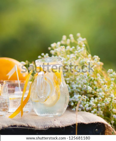 Summer cocktail with lemons served in the garden