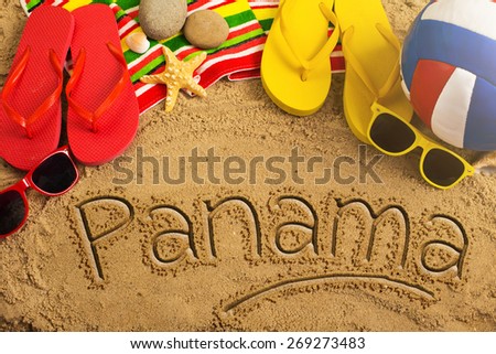 Summer concept of sandy beach, colorful flip flop shoes, sunglasses, ball and inscription