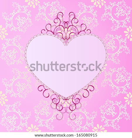 Retro pink heart with lace-like outline and elegant crimson ringlets on refined girlish pink background with flowers and curls