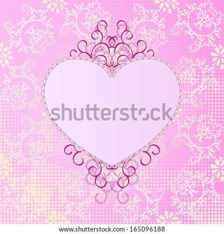 Retro pink heart with lace-like outline and elegant crimson ringlets on refined girlish pink background with flowers, curls and geometric dots