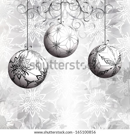 Christmas balls with graphic black and white pattern and elegant silver curls on textured and splashed background. Merry Christmas and Happy New Year 2014.