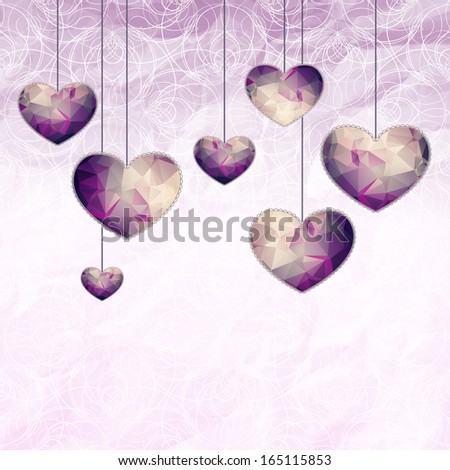 Hanging little violet hearts with triangle pattern and lace-like outline on graphic background