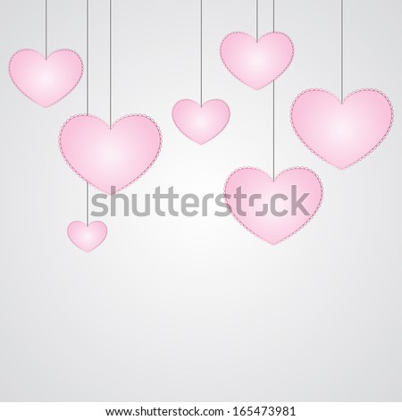Seven hanging small pink hearts with simple lace-like outline on laconic pure light grey background