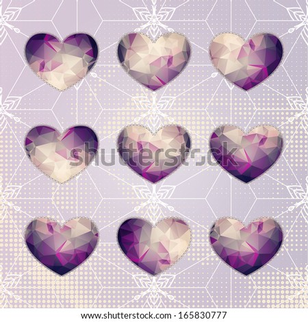 Nine small violet hearts with hipster triangle pattern and lace-like outline on graphic and dotted geometric background