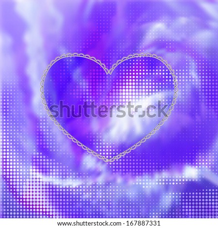 Unfocused and fuzzy atmospheric and impressionistic violet valentine's day background with laconic lace-like outlined heart and dotted pattern