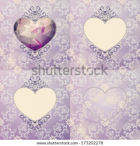 Set of retro Valentine\'s day or wedding illustrations, violet hearts with polygonal pattern or lace-like outline and elegant dark ringlets on refined girlish lilac background with flowers and curls.