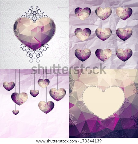 Set of retro Valentine\'s day or wedding illustrations, violet hearts with polygonal pattern, lace-like outline and elegant dark ringlets on textured like crumpled paper backgrounds.