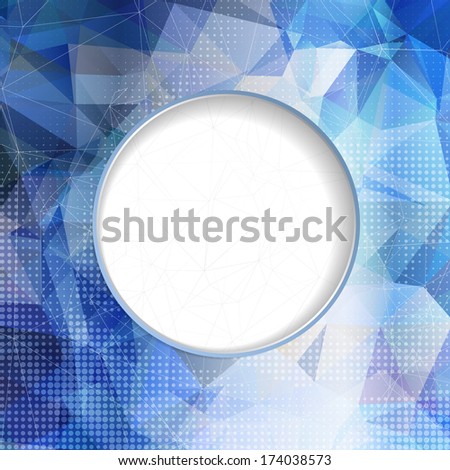 Abstract shining blue card or invitation template with polygonal geometric pattern background and place for text in the center.