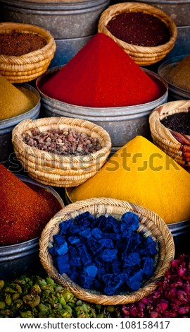 Traditional spices in a market stall, Morocco.