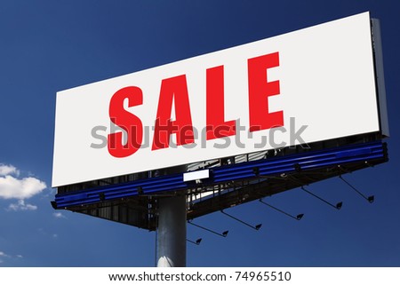White billboard with SALE word on a blue sky background.